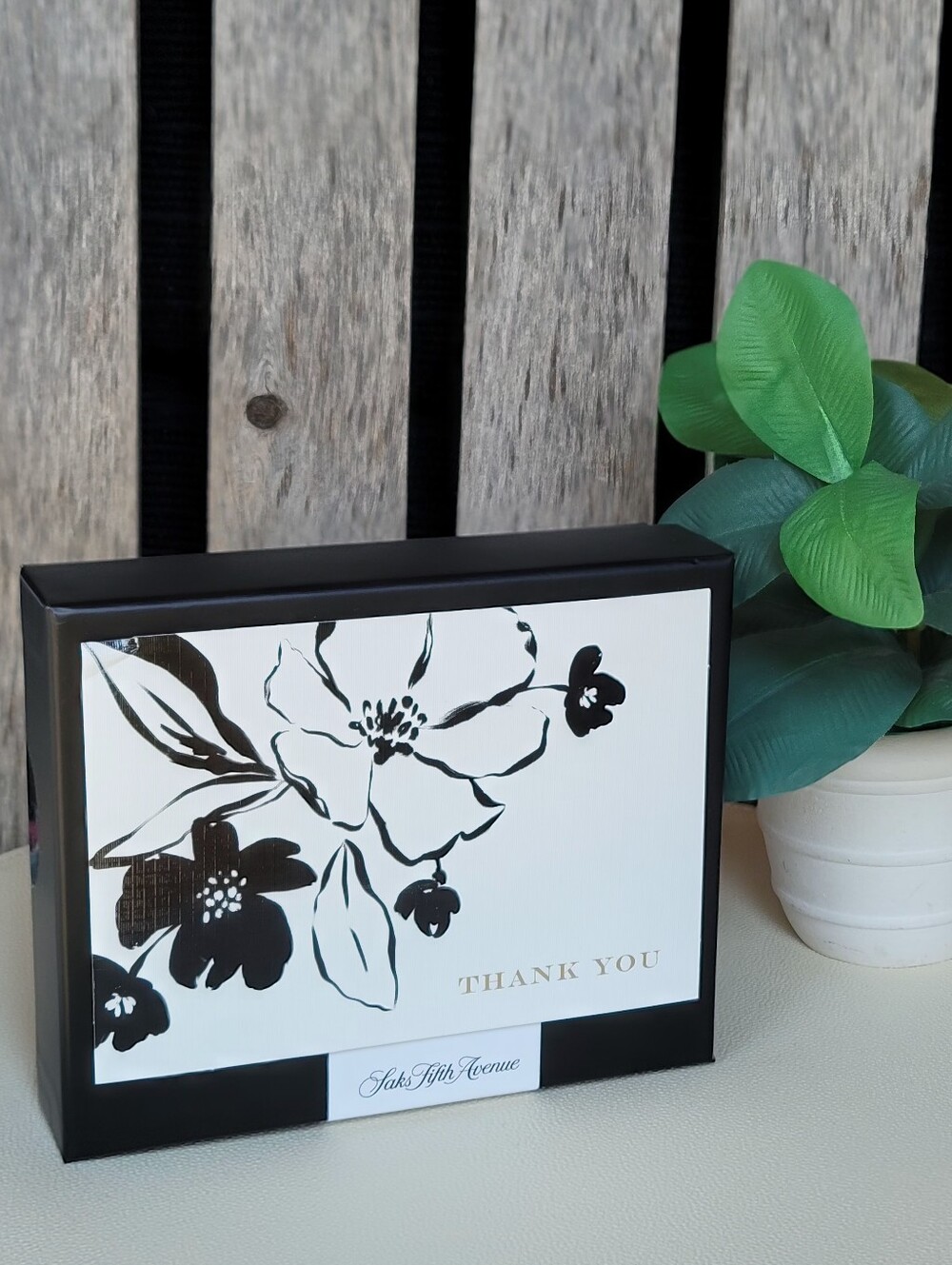 Saks Fifth Avenue Black & White Floral Thank You Cards Box with Gold Script